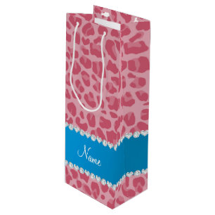 Personalized name pretty pink leopard blue stripe wine gift bag