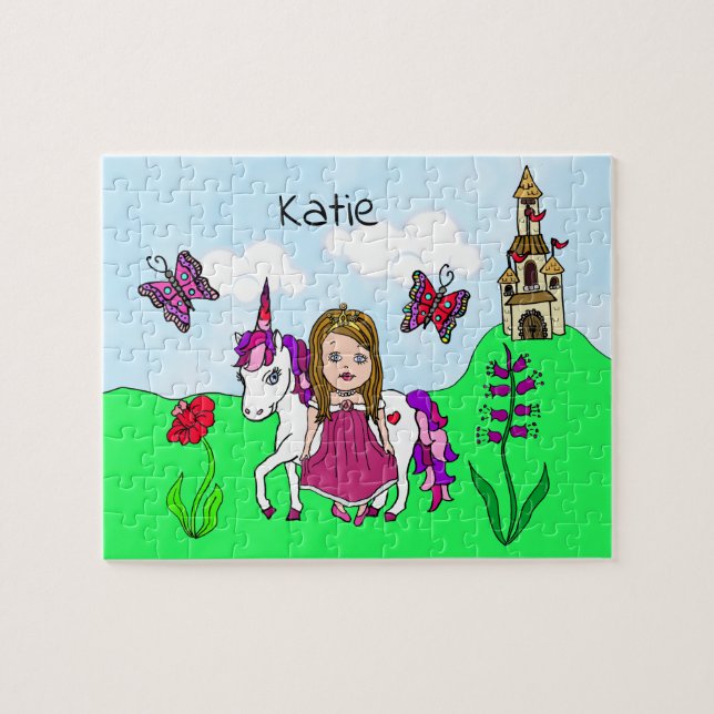 Personalized Name Princess and Unicorn Fairytale Jigsaw Puzzle (Horizontal)