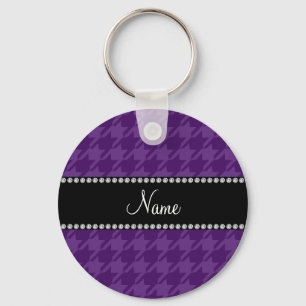 Personalized name purple houndstooth pattern key ring