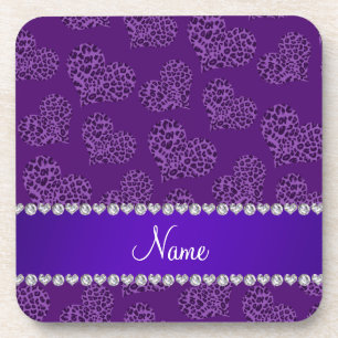 Personalized name purple leopard hearts coaster