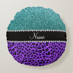 Personalized name purple leopard turquoise glitter round cushion