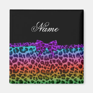 Personalized name rainbow leopard print purple bow magnet