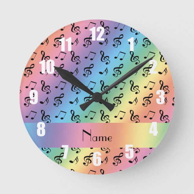 Personalized name rainbow music notes round clock (Front)