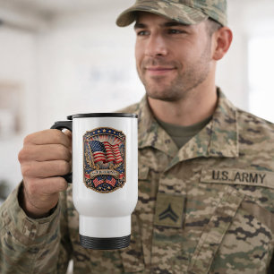 Personalized Name Rank American Flag Travel Mug