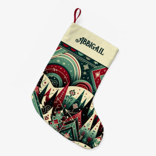 Personalized Name Red and Green Holiday Pattern Small Christmas Stocking