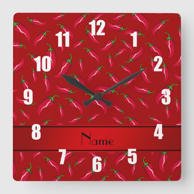 Personalized name red chili pepper square wall clock (Front)