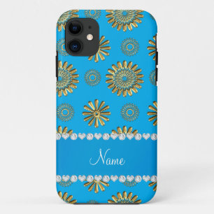 Personalized name retro sky blue gold flowers iPhone 11 case