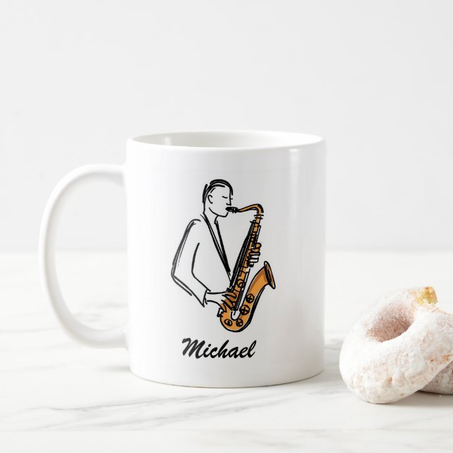 Personalized Name Saxophone Player – Music Lover Coffee Mug (With Donut)