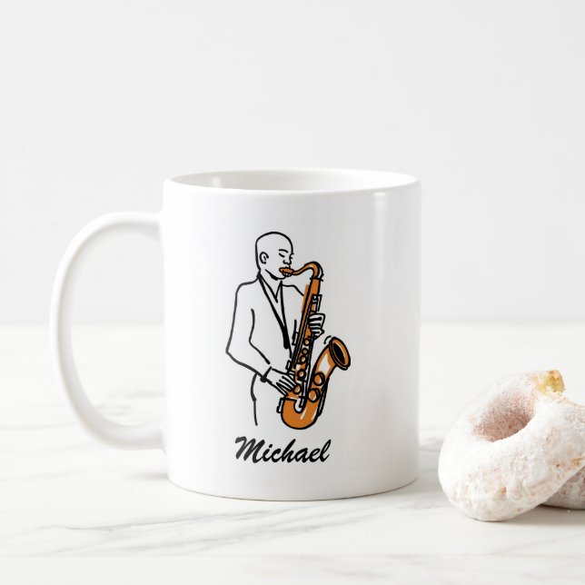 Personalized Name Saxophone Player – Music Lover Coffee Mug (With Donut)