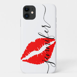 Personalized Name, Script-Red Lips, White/Black iPhone 11 Case