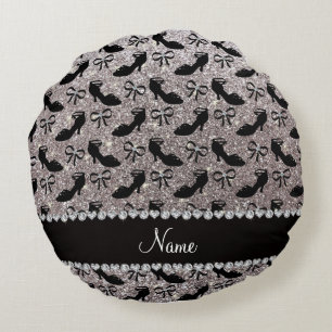 Personalized name silver glitter fancy shoes bows round cushion