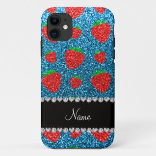 Personalized name sky blue glitter strawberry iPhone 11 case