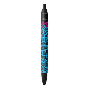 Personalized name sky blue leopard print pink bow black ink pen