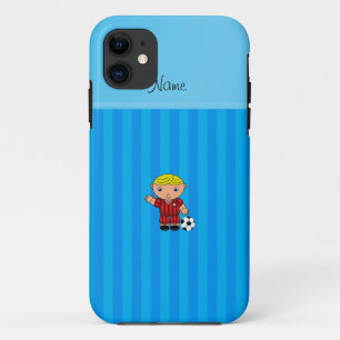 Personalized name soccer player sky blue stripes iPhone 11 case