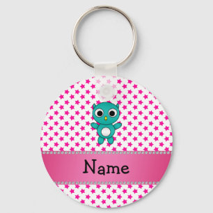 Personalized name turquoise owl pink stars key ring