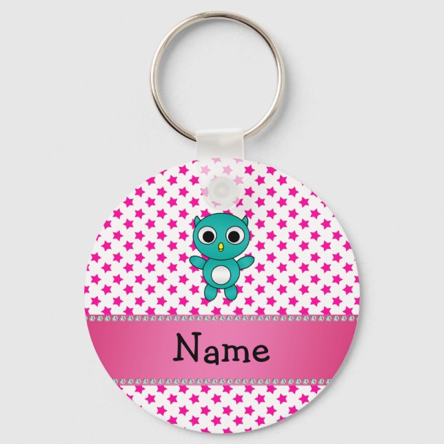 Personalized name turquoise owl pink stars key ring (Front)