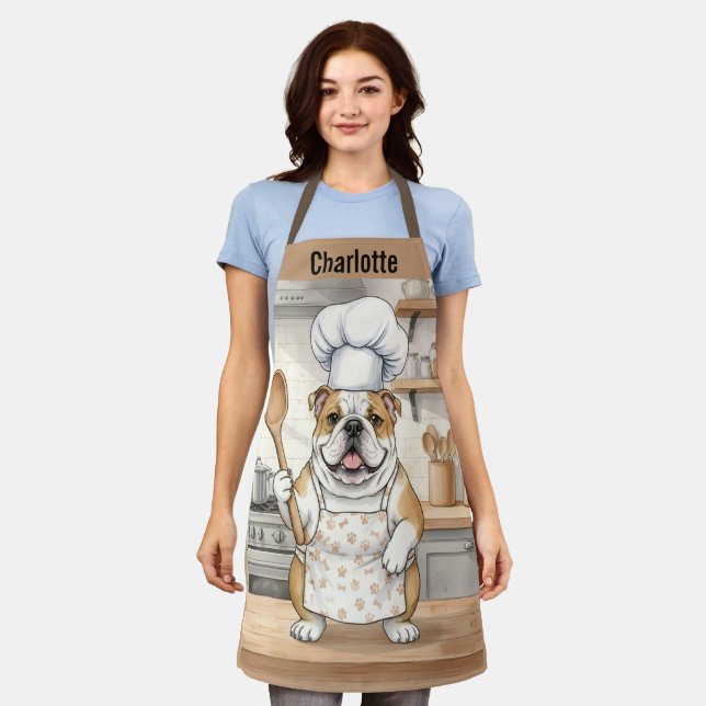 Personalized Name Watercolor Bulldog Chef Apron (Worn)