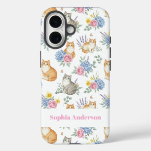 Personalized Name Watercolor Cats and Flowers  iPhone 16 Case