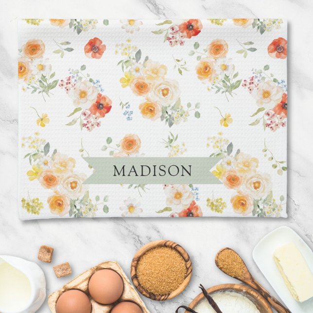 Personalized Name Watercolor Sunny Floral Pattern Tea Towel (Creator Uploaded)
