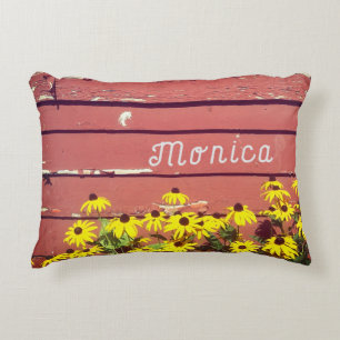 Personalized Name with Rustic Wood & Flowers Decorative Cushion