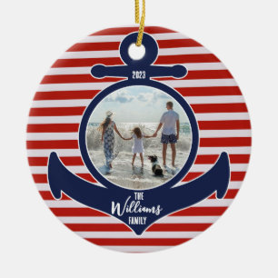 Personalized Name & Year Red White & Blue Anchor Ceramic Tree Decoration
