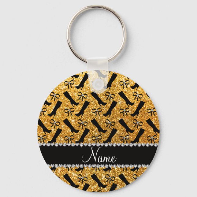 Personalized name yellow glitter boots bows key ring (Front)