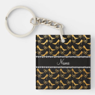 Personalized name yellow glitter high heels bow key ring