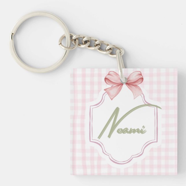 Personalized Naomi Baby Girl Nursery Bow&Gingham Key Ring (Front)
