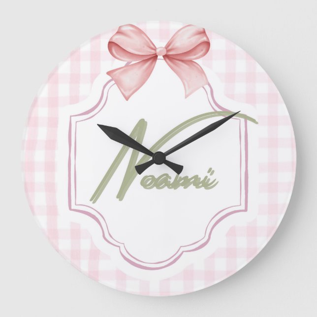 Personalized Naomi Baby Girl Nursery Bow&Gingham Large Clock (Front)