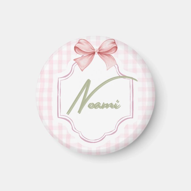 Personalized Naomi Baby Girl Nursery Bow&Gingham Magnet (Front)