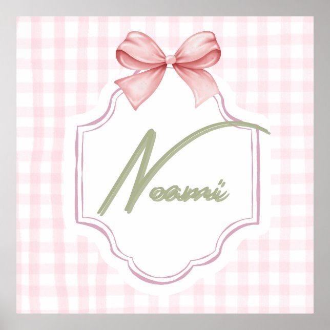 Personalized Naomi Baby Girl Nursery Bow&Gingham Poster (Front)