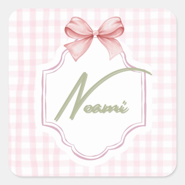 Personalized Naomi Baby Girl Nursery Bow&Gingham Square Sticker (Front)
