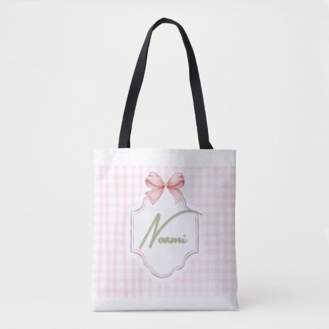 Personalized Naomi Baby Girl Nursery Bow&Gingham Tote Bag (Front)