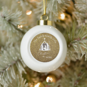 Personalized Nativity Gold & White Christmas Ceramic Ball Christmas Ornament