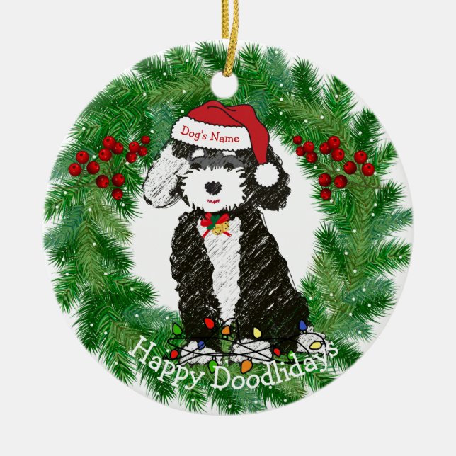 Personalized Naughty Bernedoodle Ceramic Tree Decoration (Front)