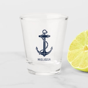 Personalized Nautical Anchor Navy Blue Boat Name Shot Glass