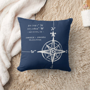 Personalized Nautical Coordinates & Compass Rose Cushion