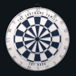 Personalized Nautical Navy Blue and White Dartboard<br><div class="desc">Nautical navy blue and white dartboard with your own custom text on the top and bottom. With a twist on the classic style dartboard,  this fun game board features an off-white and navy blue color scheme to work well with many home decor styles for a modern twist.</div>