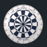 Personalized Nautical Navy Blue and White Dartboard<br><div class="desc">Nautical navy blue and white dartboard with your own custom text on the top and bottom. With a twist on the classic style dartboard,  this fun game board features an off-white and navy blue color scheme to work well with many home decor styles for a modern twist.</div>