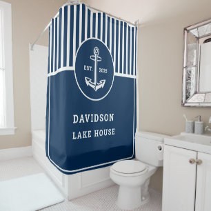 Personalized Nautical Navy Blue Welcome with Ancho Shower Curtain