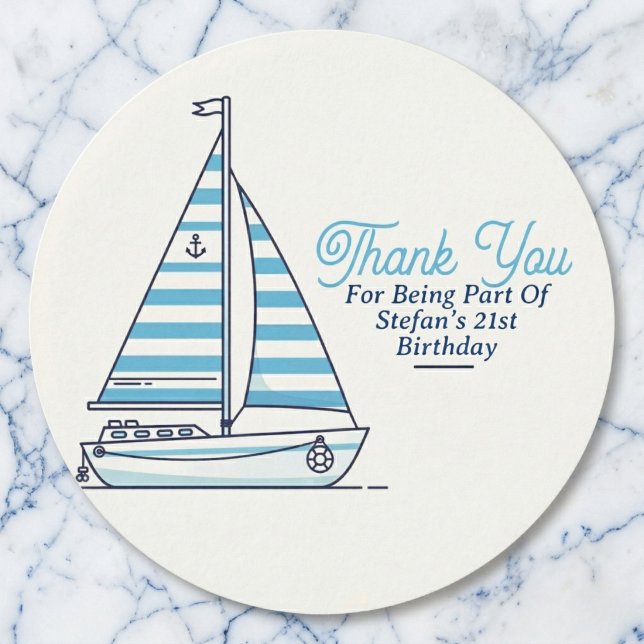 Personalized Nautical Sailboat Cabana Stripe  Classic Round Sticker (Personalized stickers for your celebration.)