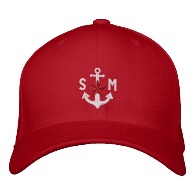 Personalized Nautical Star White Anchor Monogram Embroidered Hat (Front)
