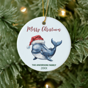 Personalized Nautical Whale in Santa Hat Christmas Ceramic Tree Decoration