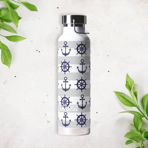 Personalized Navy Blue Anchor Boat Wheel Nautical  Water Bottle