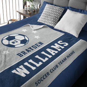 Personalized Navy Blue and Gray Soccer Player Name Fleece Blanket