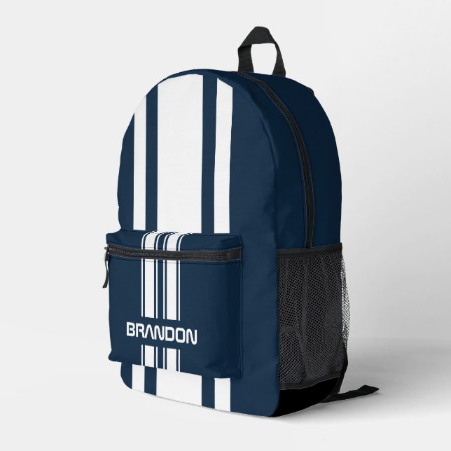 Personalized Navy Blue And White Racing Stripe Printed Backpack (Back Corner Right)