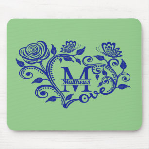 Personalized Navy Blue Floral Monogram M Mouse Mat