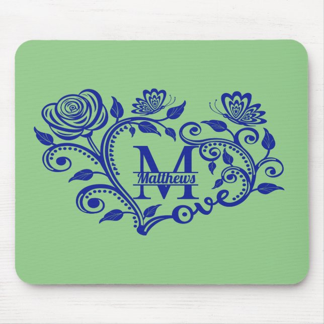 Personalized Navy Blue Floral Monogram M Mouse Mat (Front)