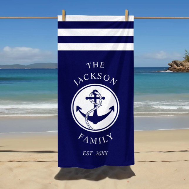 Personalized Navy Blue Nautical Anchor Beach Towel (Custom Family Name Nautical Ship Anchor Stripes Beach Towel)