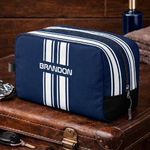 Personalized Navy Blue White Racing Stripe Travel Dopp Kit